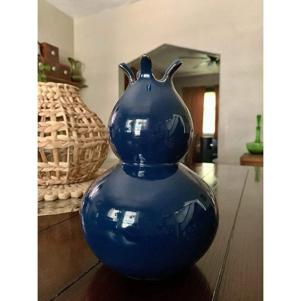 Cobalt Blue Gourd Vase Glossy Pomegranate Ceramic Dark Academia Mood Maximalist